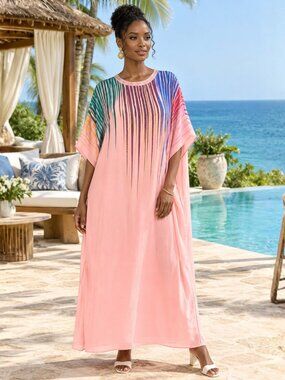 Plus Size Georgette Caftan Dress Rhinestone Round Neck Maxi Dresses for Lounge